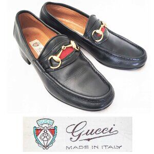 Vintage Gucci  Men’s Black Leather Gold Horsebit Loafers Shoes Green Red 41 M